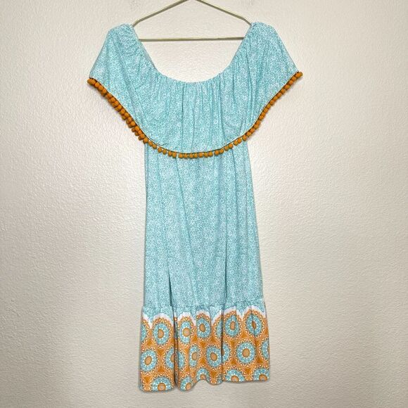 Cabana Life Dresses & Skirts - Cabana Life Dress Large Off Shoulder Tassel Pom Pom Resort Beach Cover Up Teal